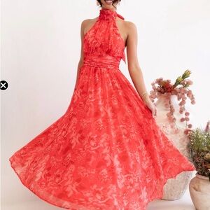 Petal & Pup Coral Red Halter Maxi Dress